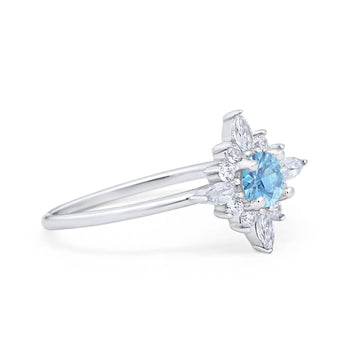 Cluster Engagement Ring Round Simulated Aquamarine CZ 925 Sterling Silver